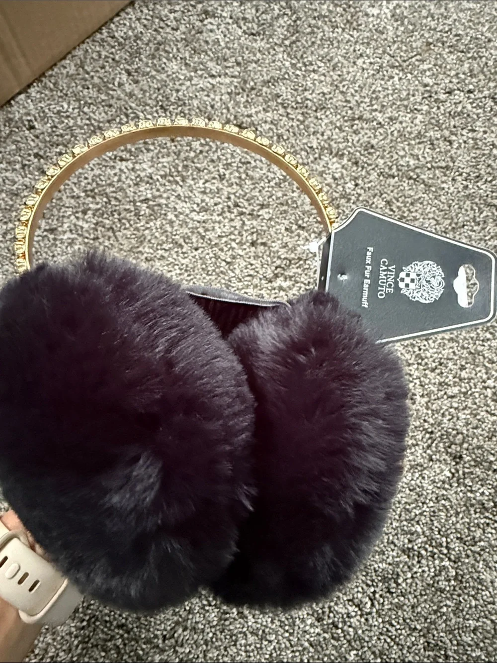 Vince Camuto Gold Crystal Headband with Black Faux Fur Earmuffs